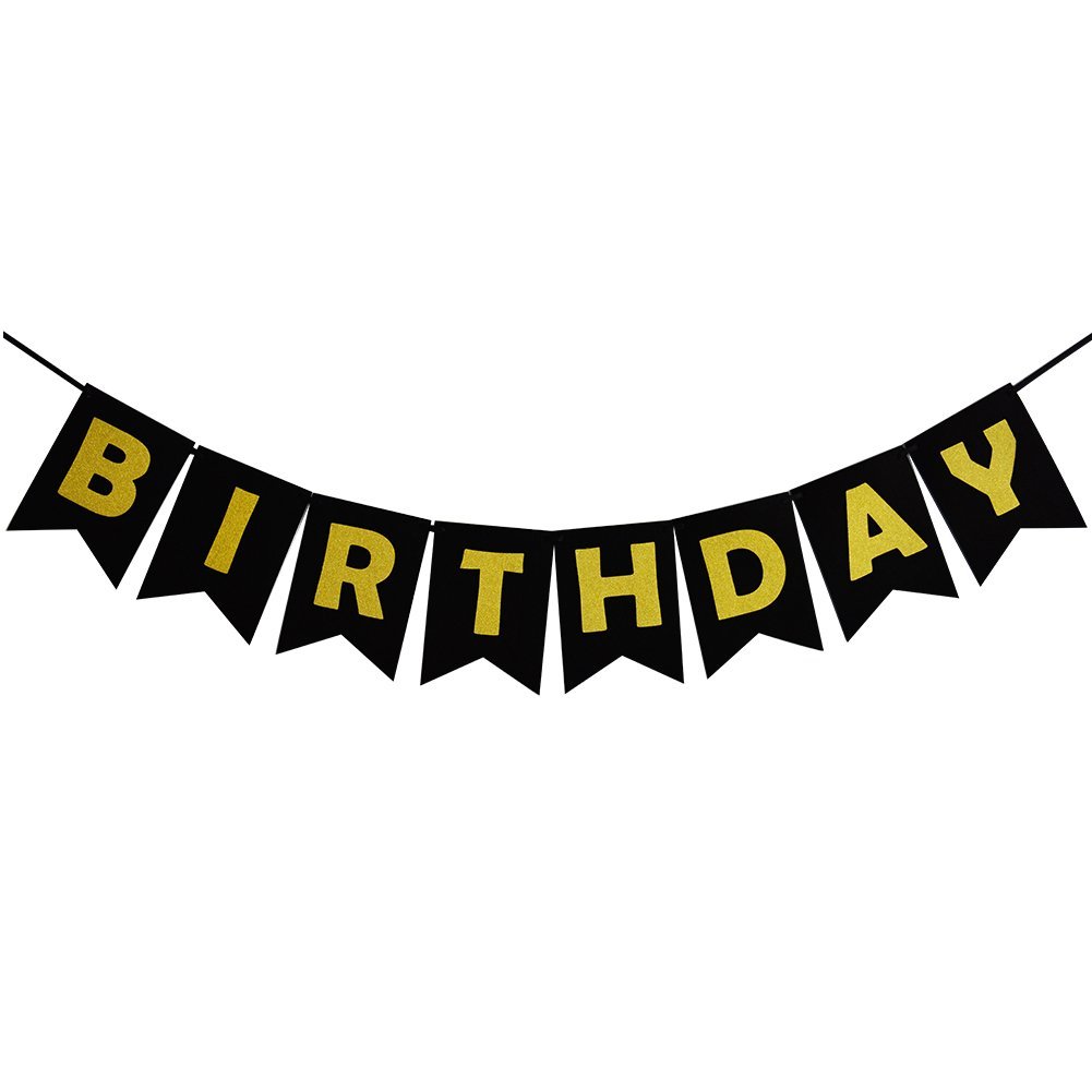Black Happy Birthday Decorations Party Bunting Banner with Gold Letters ...