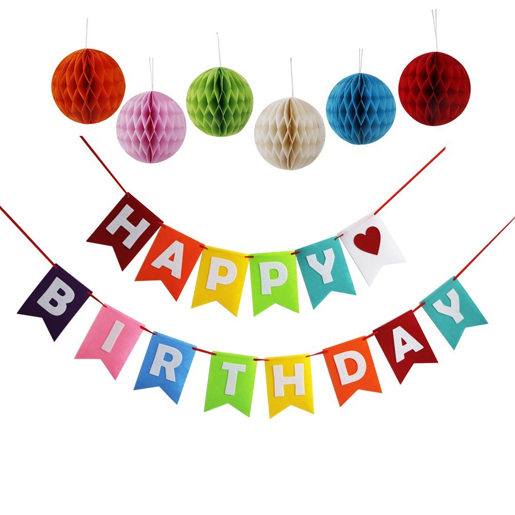 Happy Birthday Decorations Banner With Set Of 6 Tissue Pom Pom ...