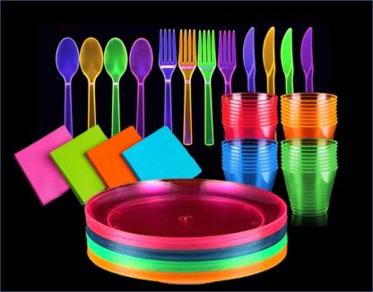 Glow in the dar plates cups and spoons forks napkins