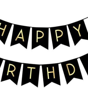Fecedy Black Happy Birthday Bunting Banner with Shiny Gold Letters Pre-Strung No DIY for Birthday Party Decorations…