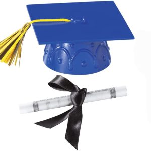 Blue Plastic Graduation Cap Cake Topper with Large Diploma Cake Topper