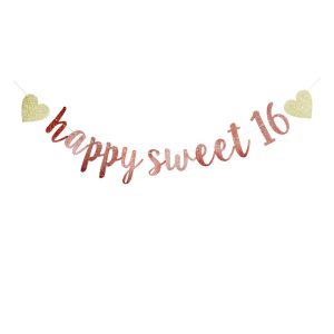 Happy Sweet 16 Banner, 16th Birthday Party Sign, Sweet Sixteen Party Supplies (Pink)