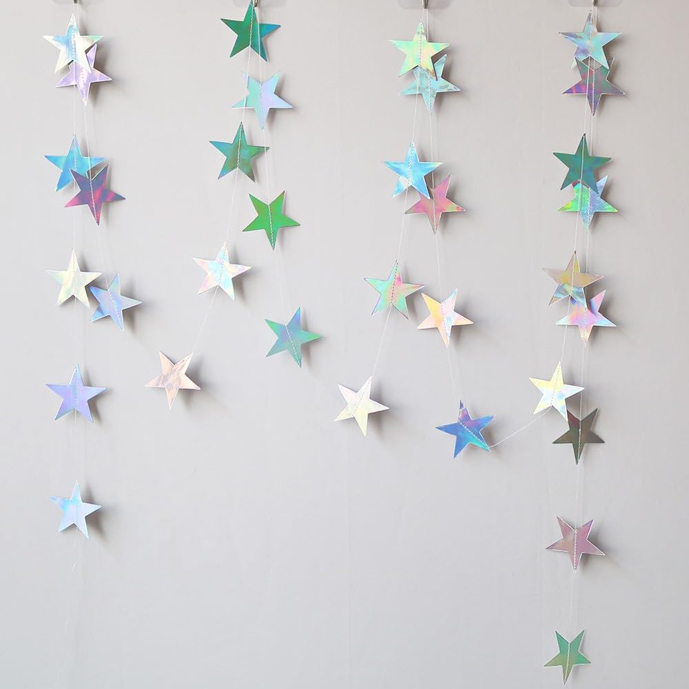 Iridescent Shining Star Hanging Garland Iridescent Hanging Sparkling Star Streamer Glitter Bunting Banner Twinkle Backdrop for Wedding Baby Shower Birthday Christmas Decorations 40 Feet