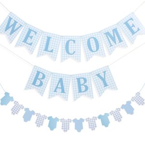 Baby Boy Baby Shower Banner, 2 PCS Pre-strung Blue Gingham Welcome Baby and Body Cloth Banner for Baby Boy Shower Party Decoration (welcome baby-bodysuits)