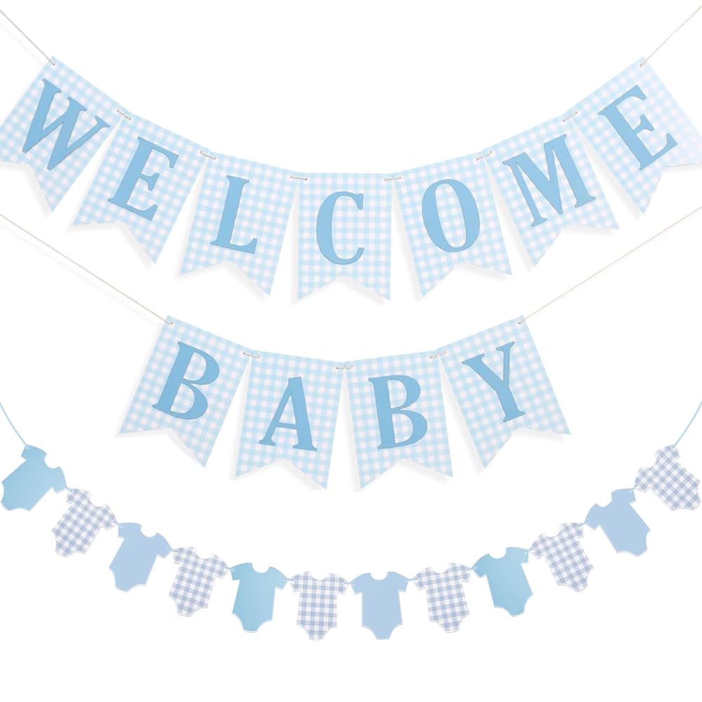 Baby Boy Baby Shower Banner, 2 PCS Pre-strung Blue Gingham Welcome Baby and Body Cloth Banner for Baby Boy Shower Party Decoration (welcome baby-bodysuits)
