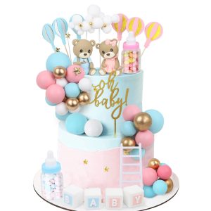 Acmee 47 PCS Bear Cake Toppers - Mini 3D Bear BABY Letters Milk Bottle Blue Pink Gold Foam Balls Cake Toppers for Gender Reveal Baby Shower Party Cake Decorations