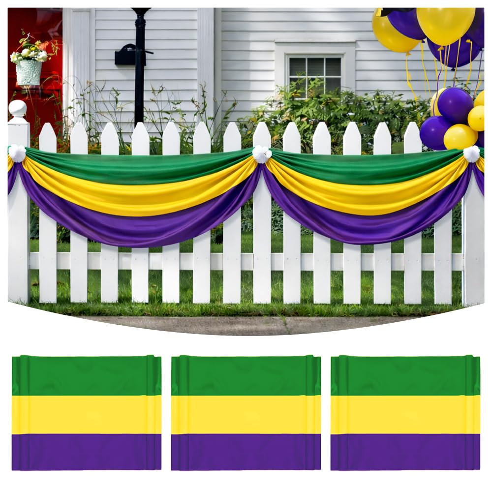3Pack Mardi Gras Bunting 2x20Ft Large Carnival Bunting Banner Purple, Green, Gold Stripe for Mardi Gras, Lent, Easter, Home Decor Outside Garden Fence New Orleans Themed Party Décor Indoor Outdoor