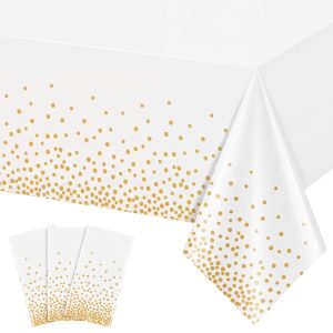 3 Pack White and Gold Tablecloth, 54" X 108" Gold Dot Plastic Table Cloths