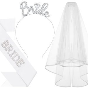 Papoopy 3Pcs Bride to Be Headband with Sash and Veil for Bachelorette Party