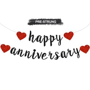BEISHIDA Glitter Pre-Strung Black Red Happy Anniversary Banner Decoration