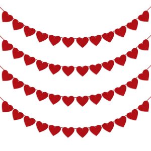 4Pcs Valentines Day Decorations Red Felt Heart Garland Banner, Pre-Strung, 48 Hearts Valentines Banner for Outdoor Indoor Home Valentines Day Decor NO DIY Galentines Day Anniversary Wedding Decoration
