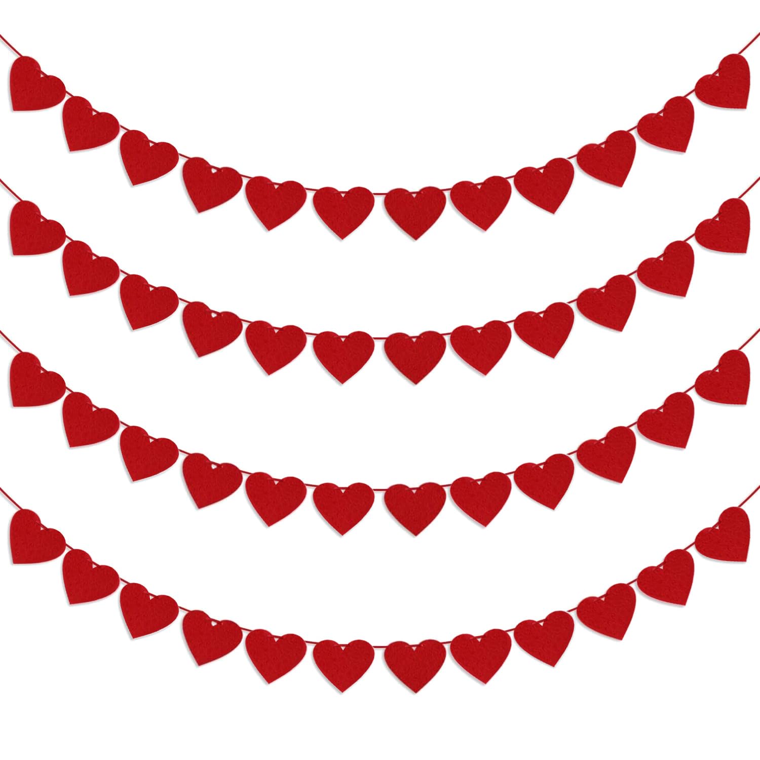 4Pcs Valentines Day Decorations Red Felt Heart Garland Banner, Pre-Strung, 48 Hearts Valentines Banner for Outdoor Indoor Home Valentines Day Decor NO DIY Galentines Day Anniversary Wedding Decoration