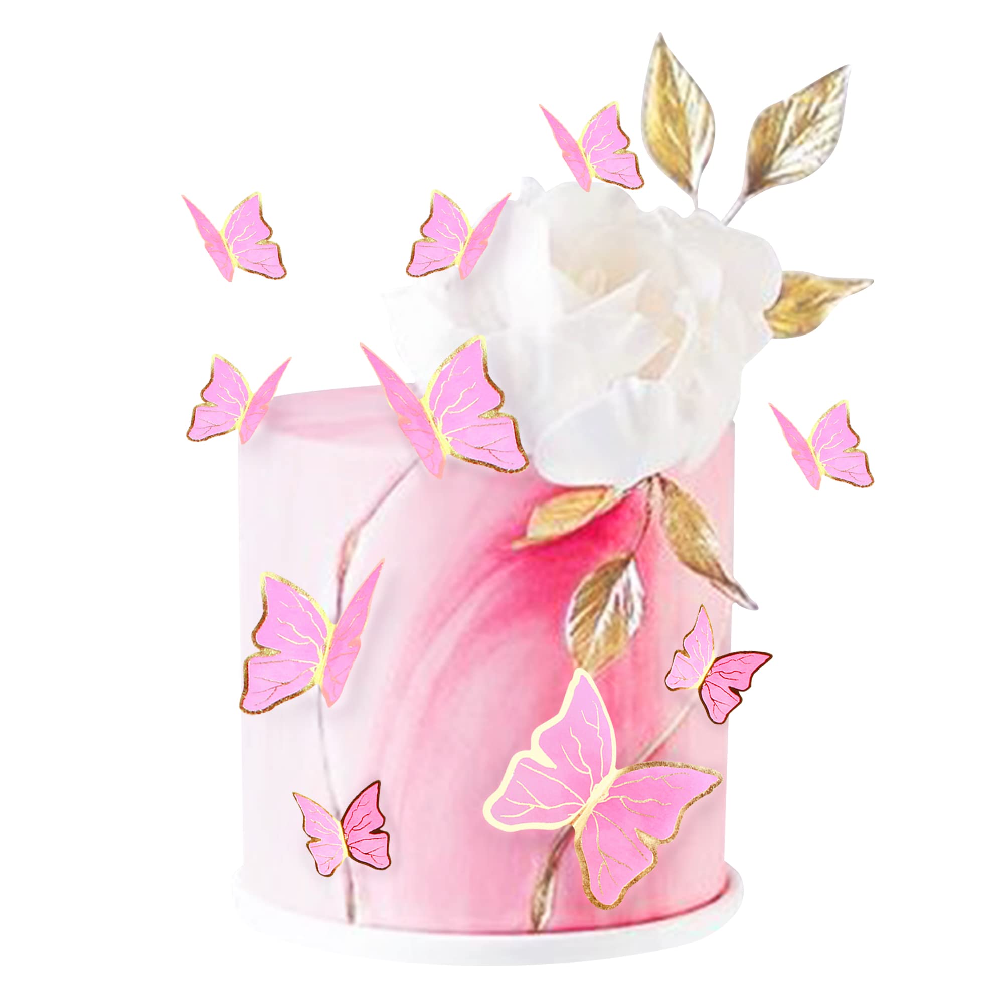 30Pcs Golden Pink 2D Waterproof Butterflies Cake Topper Transparent Butterfly Cupcake Picks for Floral Cake Decorations Girls Pink Birthday Wedding Cake Ornament Butterfly Party Decorations