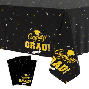 Tbsone Graduation Tablecloth 2026, 3 Pack Disposable Plastic Table Covers 54" x 108", Congrats Grad Party Supplies for College & High School Graduation (Black)