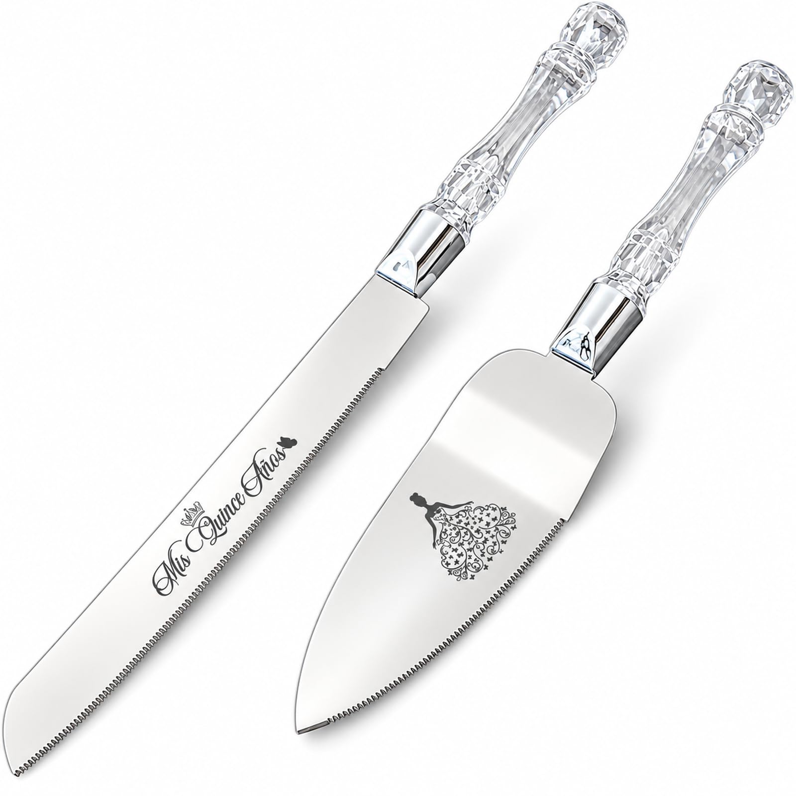 CQNET Mis Quince Años Quinceanera Cake Knife and Server Set - Sweet 15 Birthday Gifts for Girls, Feliz 15 Anos Party Decorations & Keepsake, Stainless Steel Cutting Set with Crystal Handles, Silver