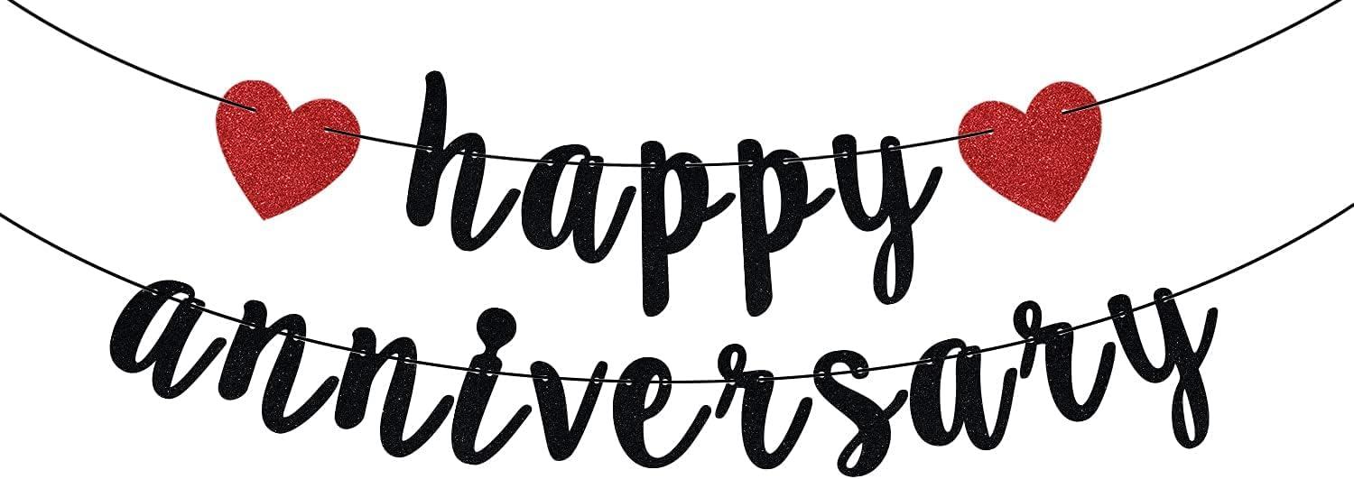 Happy Anniversary Banner, Anniversary Party Decorations, We Still Do, Happy Wedding Day Party Decoration Supplies Black Red Glitter