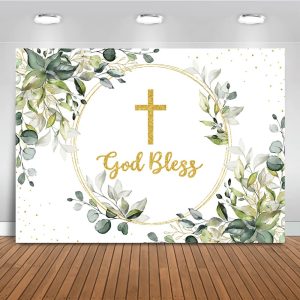 Mocsicka Greenery Baptism Backdrop Green and Gold God Bless Background First Holy Communion Christening Party Cake Table Decoration Banner Photo Booth Props (10x7ft)
