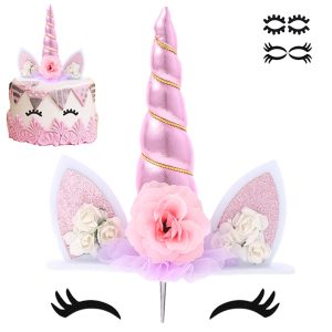 Unicorn Cake Topper Birthday Party Supplies Cute Handmade Cake Decoration Pink Unicorns Horn Cake Topper Decorations for Girls First Birthday Cake Accessories with Eyelashes, 5.8 Inch