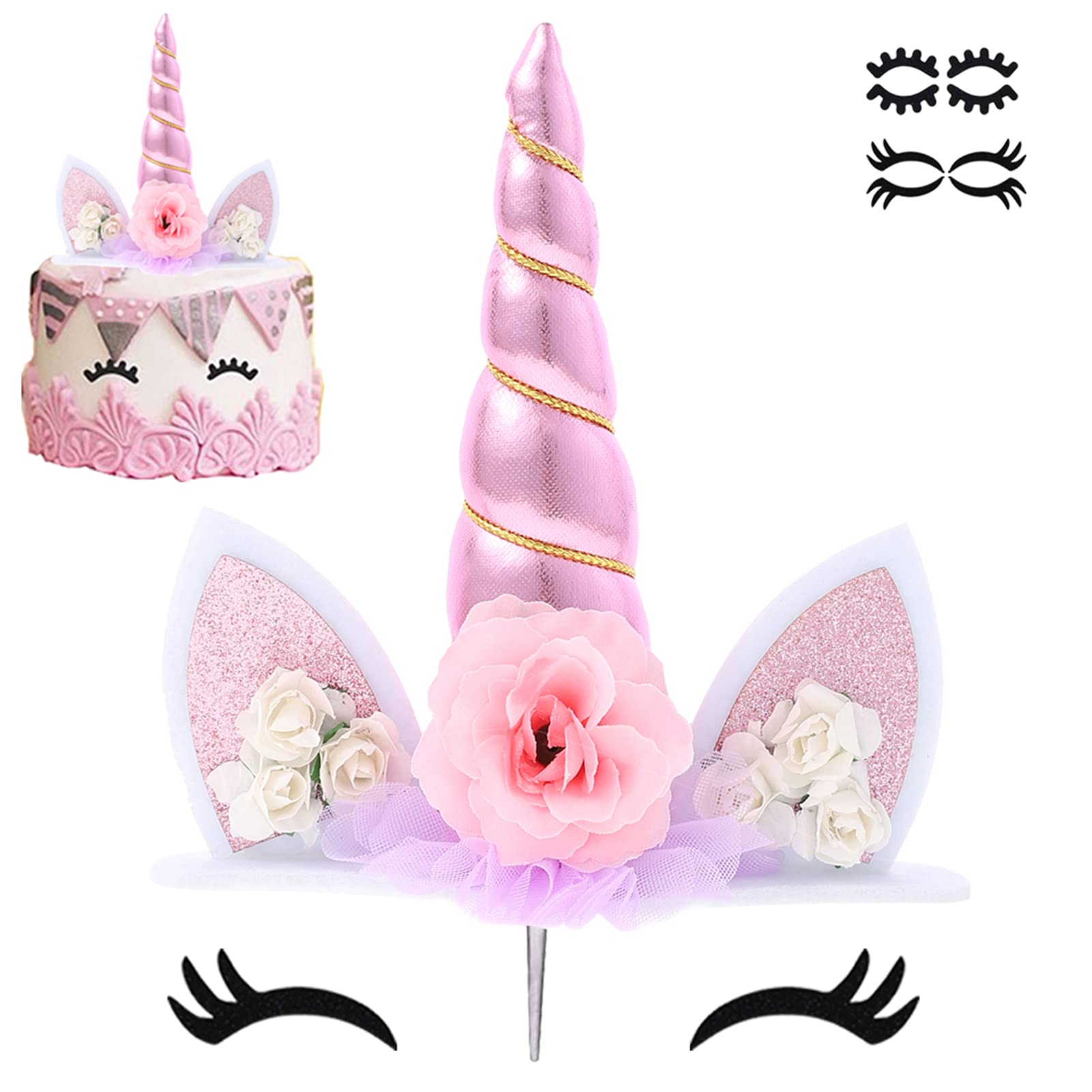 Unicorn Cake Topper Birthday Party Supplies Cute Handmade Cake Decoration Pink Unicorns Horn Cake Topper Decorations for Girls First Birthday Cake Accessories with Eyelashes, 5.8 Inch
