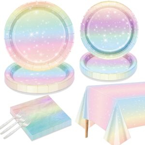 QUERICKY Pastel Rainbow Party Supplies for 20 Guests, Disposable Tableware Set includes Pastel Paper Plates, Napkins, Forks, Tablecloth for Girls Birthday Party, Baby Shower Party