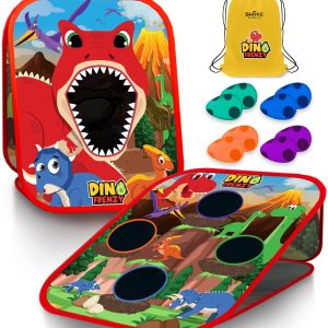 Swooc Games® - Dino Frenzy | 2-in-1 Corn Hole Games for Kids | 5-Second Setup | Dinosaur Bean Bag Toss Game for Kids | Kid Cornhole Game Set | Outside Bean Bags Kid Tossing | Dino Party Games