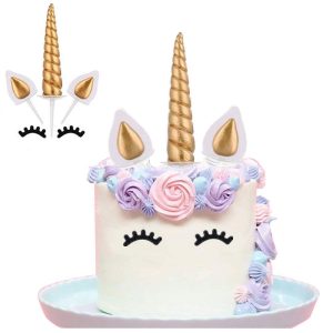 Yashell Unicorn Cake Topper, Reusable Gold Unicorn Horn, Ears and Eyelashes Party Cake Decoration Value Set for Unicorn Party Decoration for Baby Shower, Wedding and Birthday Party(Set of 5)
