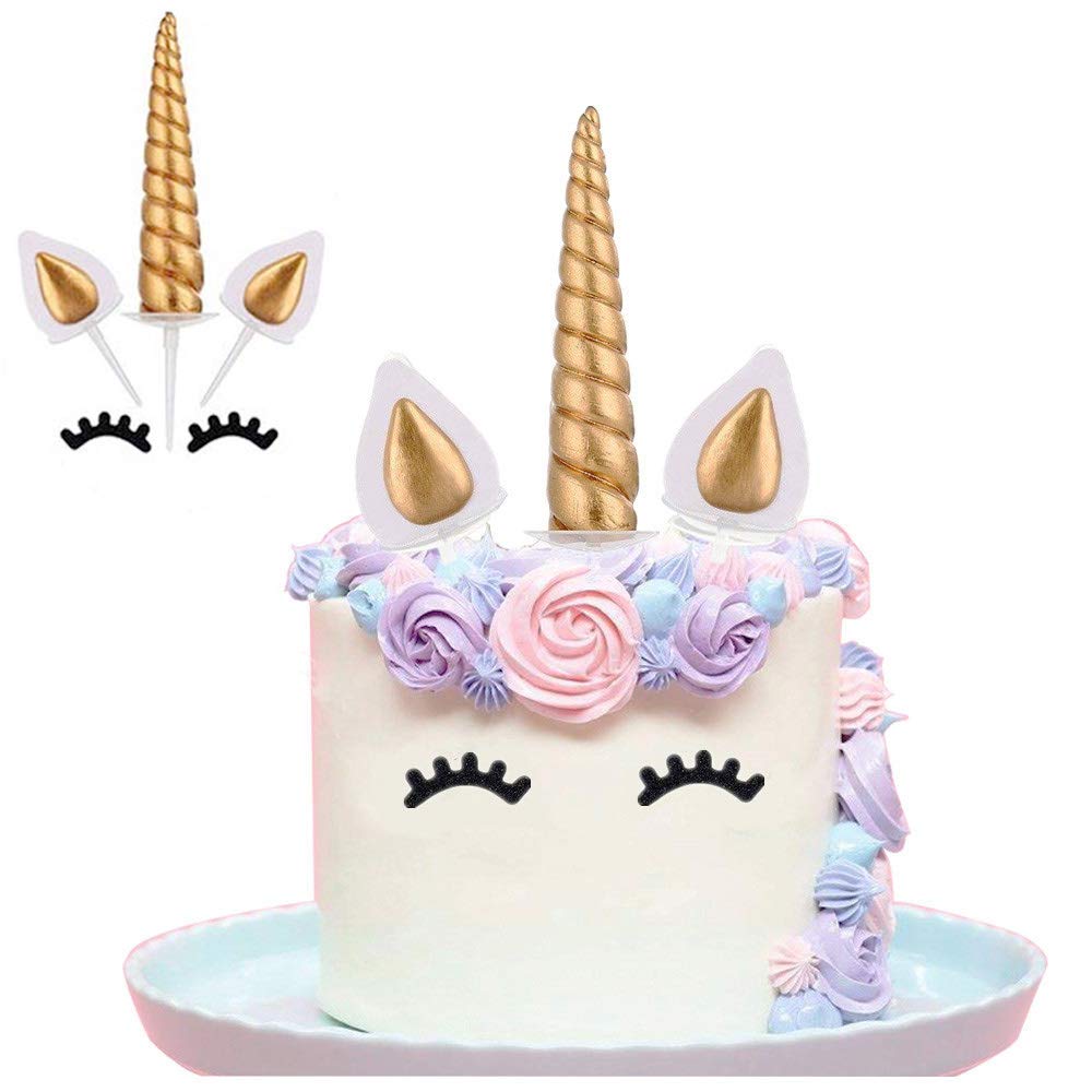 Yashell Unicorn Cake Topper, Reusable Gold Unicorn Horn, Ears and Eyelashes Party Cake Decoration Value Set for Unicorn Party Decoration for Baby Shower, Wedding and Birthday Party(Set of 5)