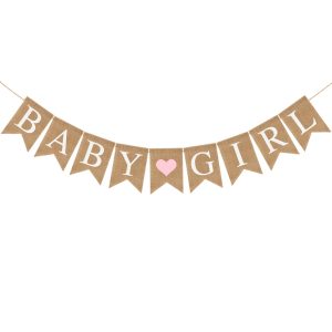 Pre-Strung Baby Girl Burlap Banner, Gender Reveal Banner for Baby Shower Party Decorations (Light Pink Heart)