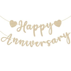 SerpizePaty Happy Anniversary Banner, Pre-Strung Gold Glitter Wedding Anniversary Decorations Romantic, Couples Shower Decorations Banner For Happy Wedding Reception Day Bridal Shower Party
