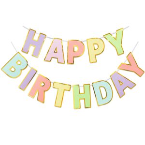 LITAUS Pre-Strung Happy Birthday Banner - Pastel Macaron Party Decorations | adjustable cord, sparkling gold foil…