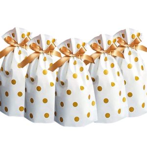 Elwish 24pcs Treat Bags Party Favor Bags Gold Plastic Drawstring Candy Goodies Food…