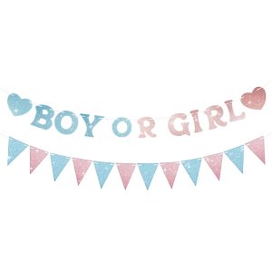 SerpizePaty Boy or Girl Banner Gender Reveal Decorations, Pre-Strung Glitter Baby Gender Reveal Sign, No DIY He or She Party Decor for Girl Boy Shower Photo Backdrop Props Supplies
