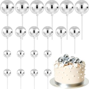 ASTARON 20 Pcs Silver Disco Balls Cake Topper Decorations for Birthday Cake