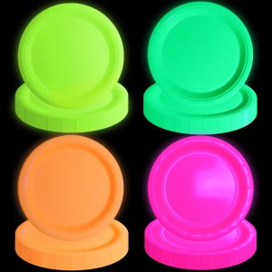 XJLANTTE 80 PCS Glow In The Dark Plates Neon Party Decorations, 4 Colors Neon Paper Plates Birthday for Fluorescence Birthday Supplies Let's Glow Party Decorations, 9 Inch