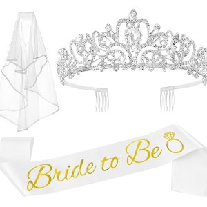 JETKONG 3 Pcs Bachelorette Party Decorations Bridal Shower Crown, Bride to Be Sash&Veil for Women Bachelorette Party…