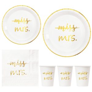 Crisky Gold Miss to Mrs Napkins Plates Cups Set for Bridal Shower Engagement Bachelorette Party Decorations Party Supplies, Disposable Tableware Set of 24 (9" & 7" Plates, Luncheon Napkin, 9oz Cups)