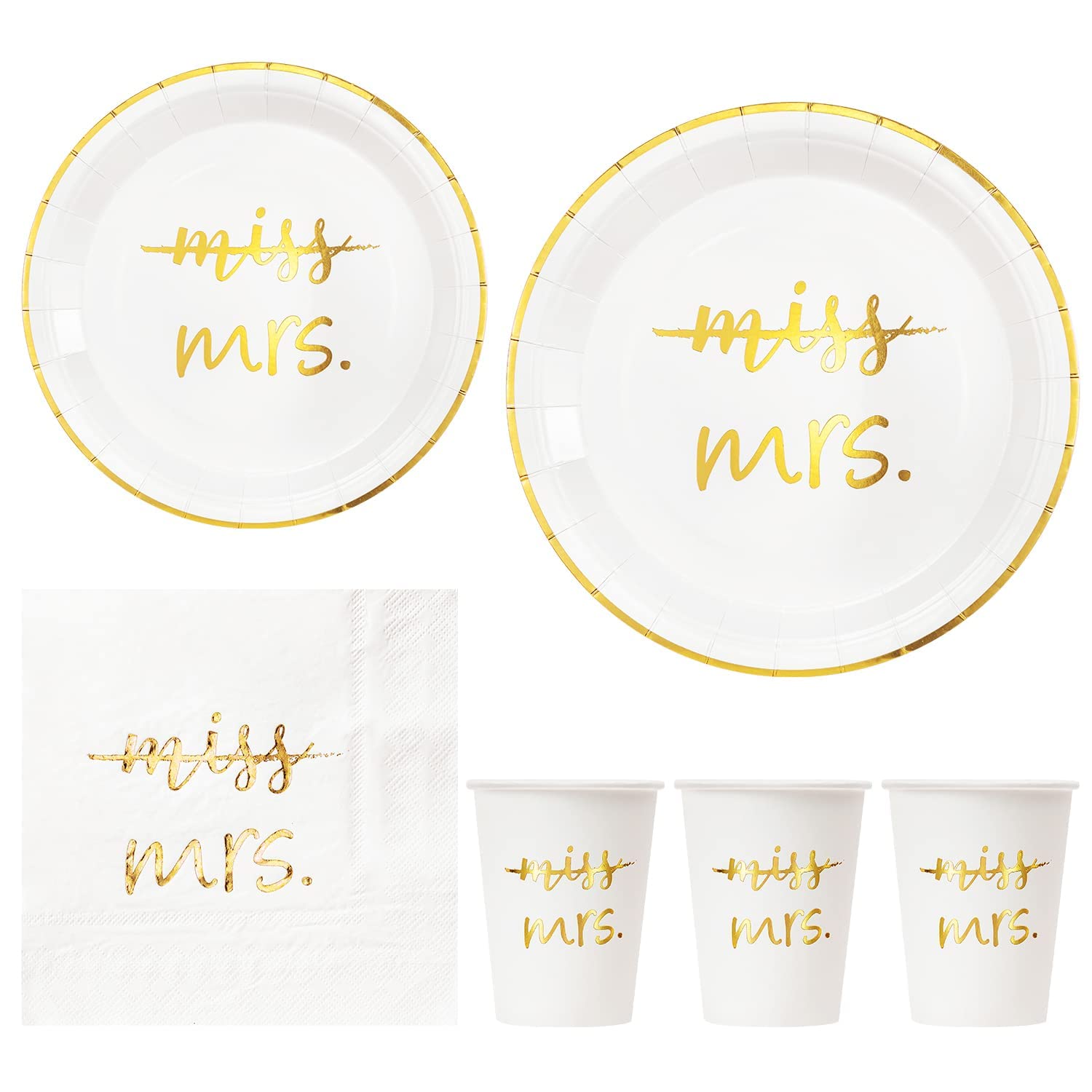 Crisky Gold Miss to Mrs Napkins Plates Cups Set for Bridal Shower Engagement Bachelorette Party Decorations Party Supplies, Disposable Tableware Set of 24 (9" & 7" Plates, Luncheon Napkin, 9oz Cups)