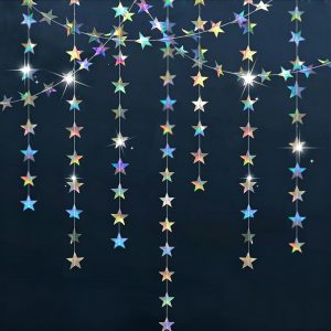 Iridescent Star Garland Party Decorations - 78 Feet Iridescent Silver Hanging Stars Decorations, Star Streamers Banner Paper Garland for Birthday Wedding Classroom Christmas