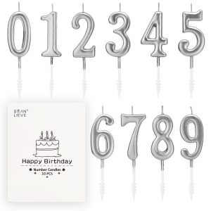 Beanlieve 10-Pieces Numeral Birthday Candles - Cake Numeral Candles Number 0-9 Glitter Cake Topper Decoration for Birthday,Wedding Anniversary,Party Celebration (Silver)