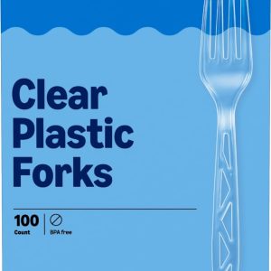 Amazon Basics Disposable Clear Plastic Forks, Premium Quality, 100 Count, Large Pack, Packaging May Vary