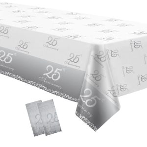 APOWBLS 25th Anniversary Decorations Tablecloth, Silver, 2 Pack, 54 x 108in