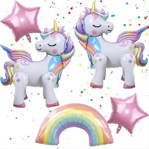 DUILE 5 Pcs Self Standing Unicorn Balloons - 3D Rainbow and Star Foil Balloons for Birthday Party Decorations and Supplies