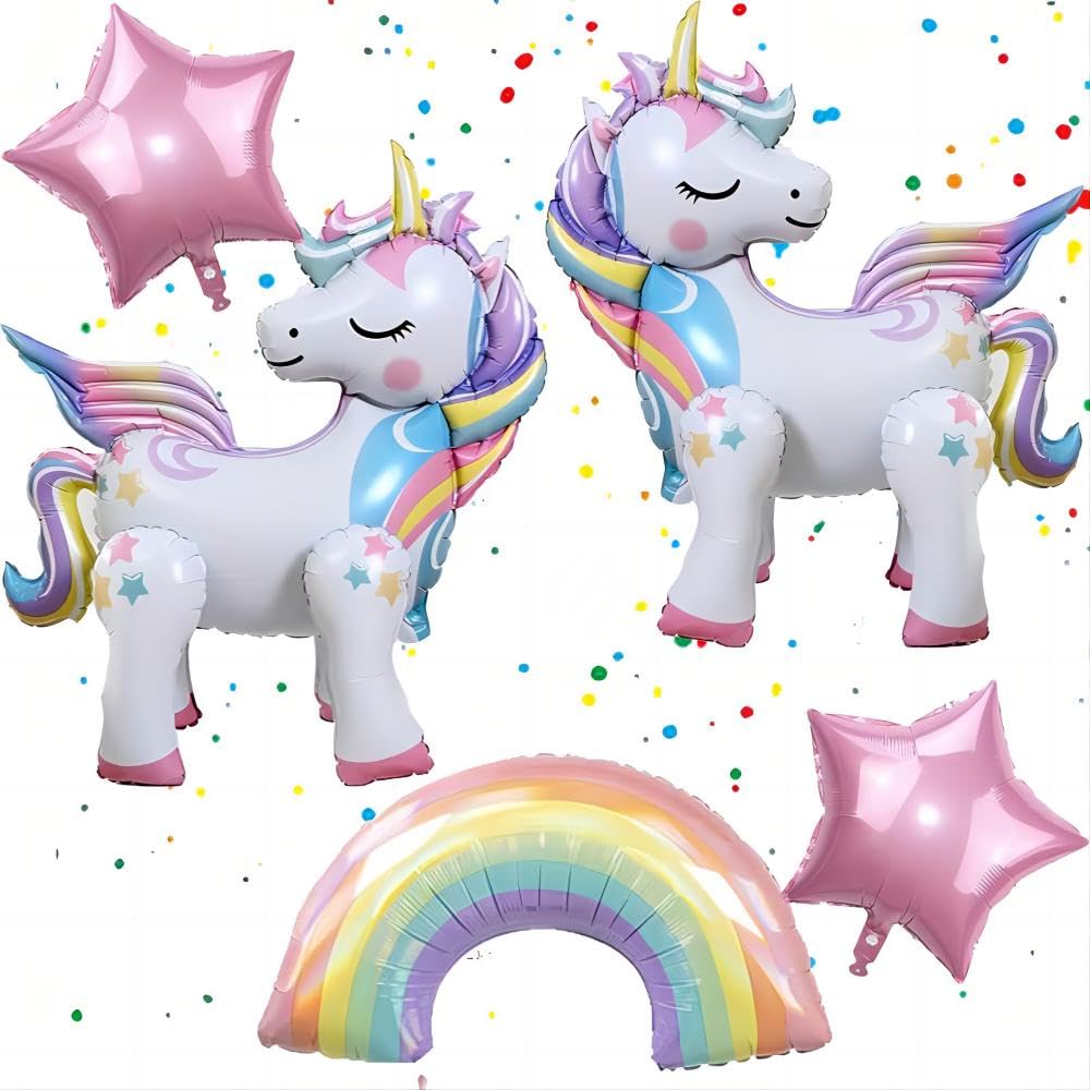 DUILE 5 Pcs Self Standing Unicorn Balloons - 3D Rainbow and Star Foil Balloons for Birthday Party Decorations and Supplies