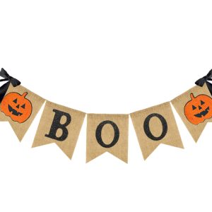 Whaline Halloween Burlap Banner Glitter Pumpkin Boo Bunting Flag with Bow Rustic Hanging Banner Garland for Halloween Farmhouse Mantel Fireplace Home Party Decoration Supplies