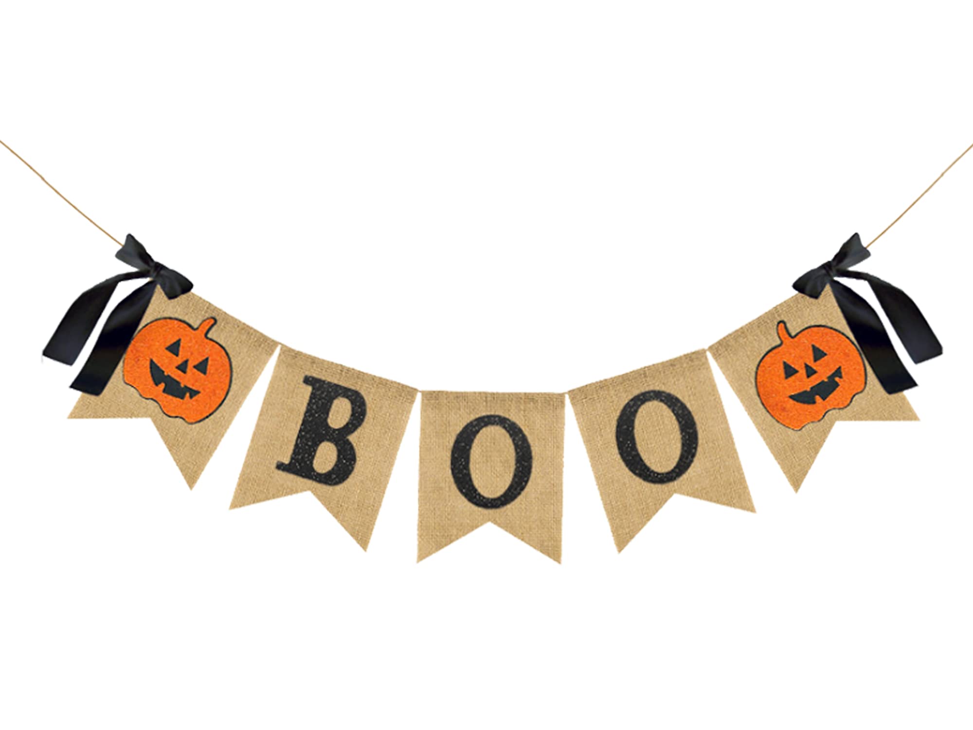 Whaline Halloween Burlap Banner Glitter Pumpkin Boo Bunting Flag with Bow Rustic Hanging Banner Garland for Halloween Farmhouse Mantel Fireplace Home Party Decoration Supplies