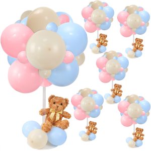 Acmee Bear Table Centerpieces for Baby Shower - Set of 6 Bear Balloon Baby Shower Decorations Include Stuffed Bears Balloons Kit with Stand Table Decor for Boy Baby Shower Gender Reveal (Blue Pink)