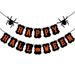 JOZON Happy Halloween Banner with Spider Pumpkin Sign for Party Decorations
