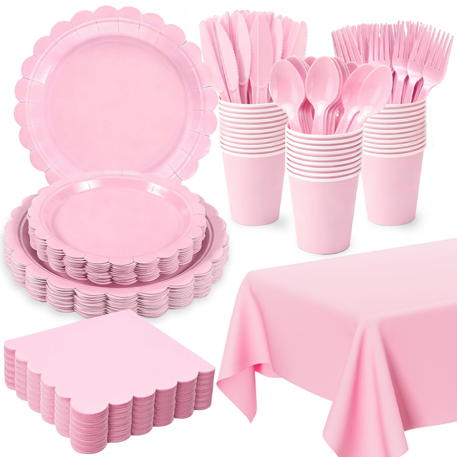 176 PCS Pink Party Decorations - Light Pink Scalloped Plates, Napkins, Cups, Cutlery, Tablecloth for Baby Shower, Wedding, Birthday Party Decorations, Serves 25