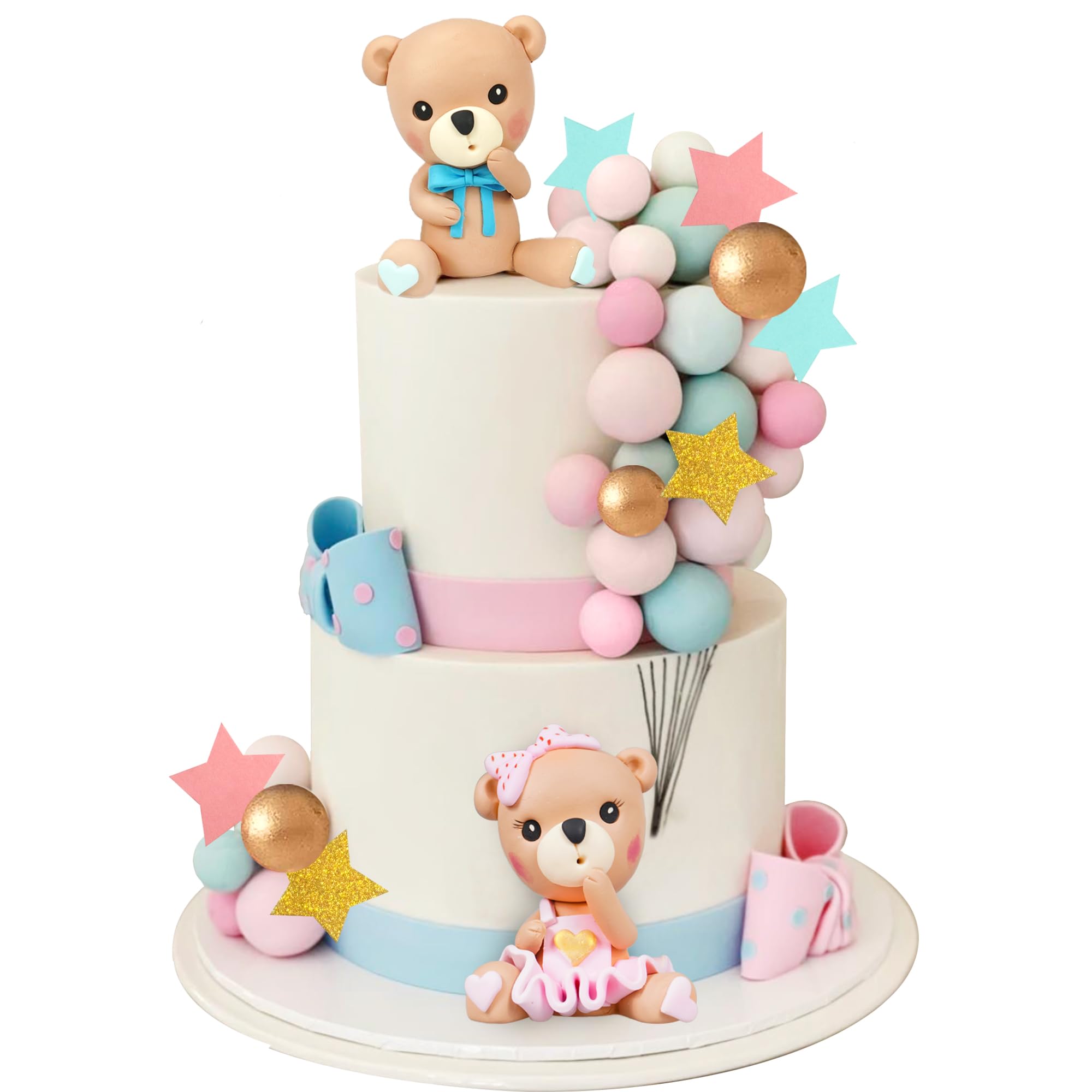 26 PCS Bear Cake Toppers Pink Blue Bear Figurine Balls Cake Decorations