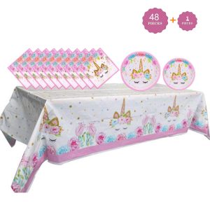 Unicorn Birthday Decorations Party Set, Unicorn Plates and Napkins, 32 Plates, 16 Napkins, 1 Table Cover